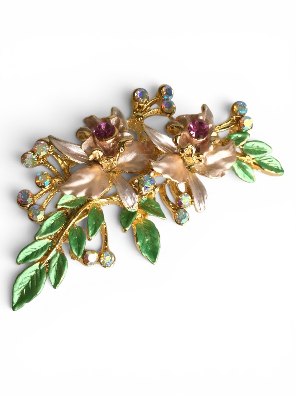 Estate Vtg 1960s Gold‑Tone Enamel Floral Spray Brooch with Pink & AB Rhinestones - Picture 4 of 13